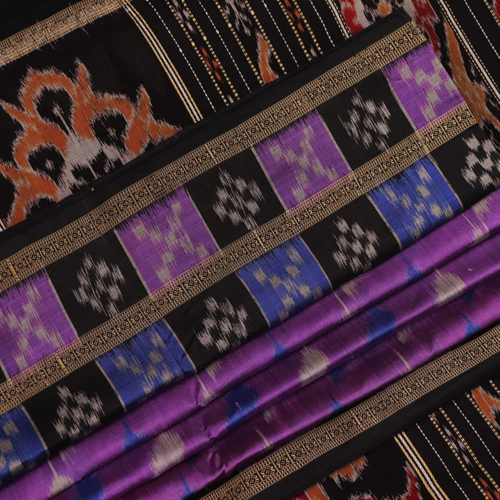 Full view of a violet and black Khandua silk saree showcasing its intricate motifs and elegant drape.