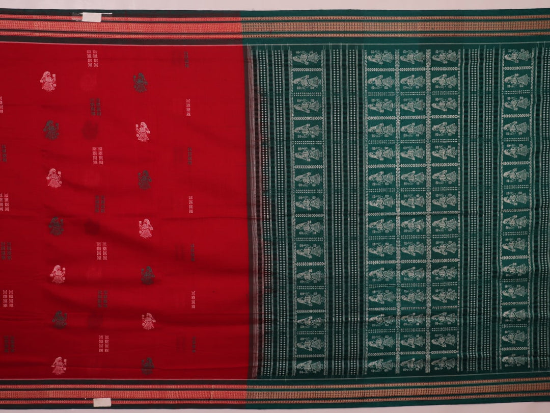 Full view of a red and green Bomkai Cotton Saree featuring a doll pattern.
