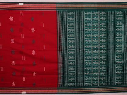 Full view of a red and green Bomkai Cotton Saree featuring a doll pattern.