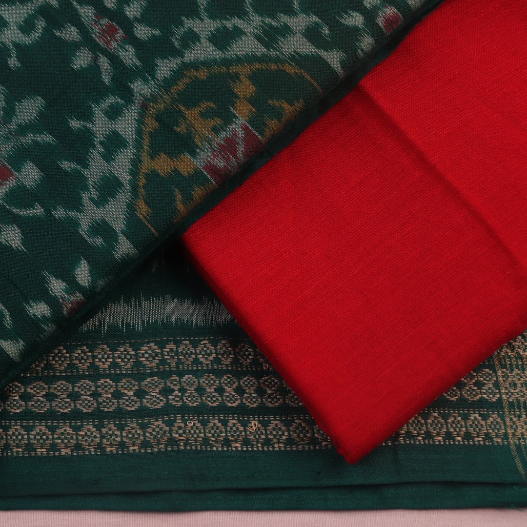 Green & red motif blouse piece detail for Sambalpuri cotton dress material.
