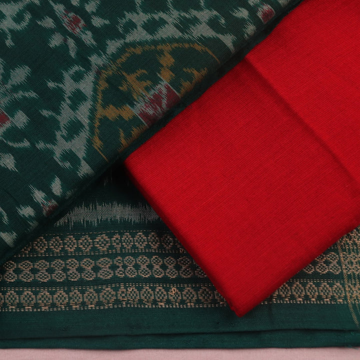 Green & red motif blouse piece detail for Sambalpuri cotton dress material.