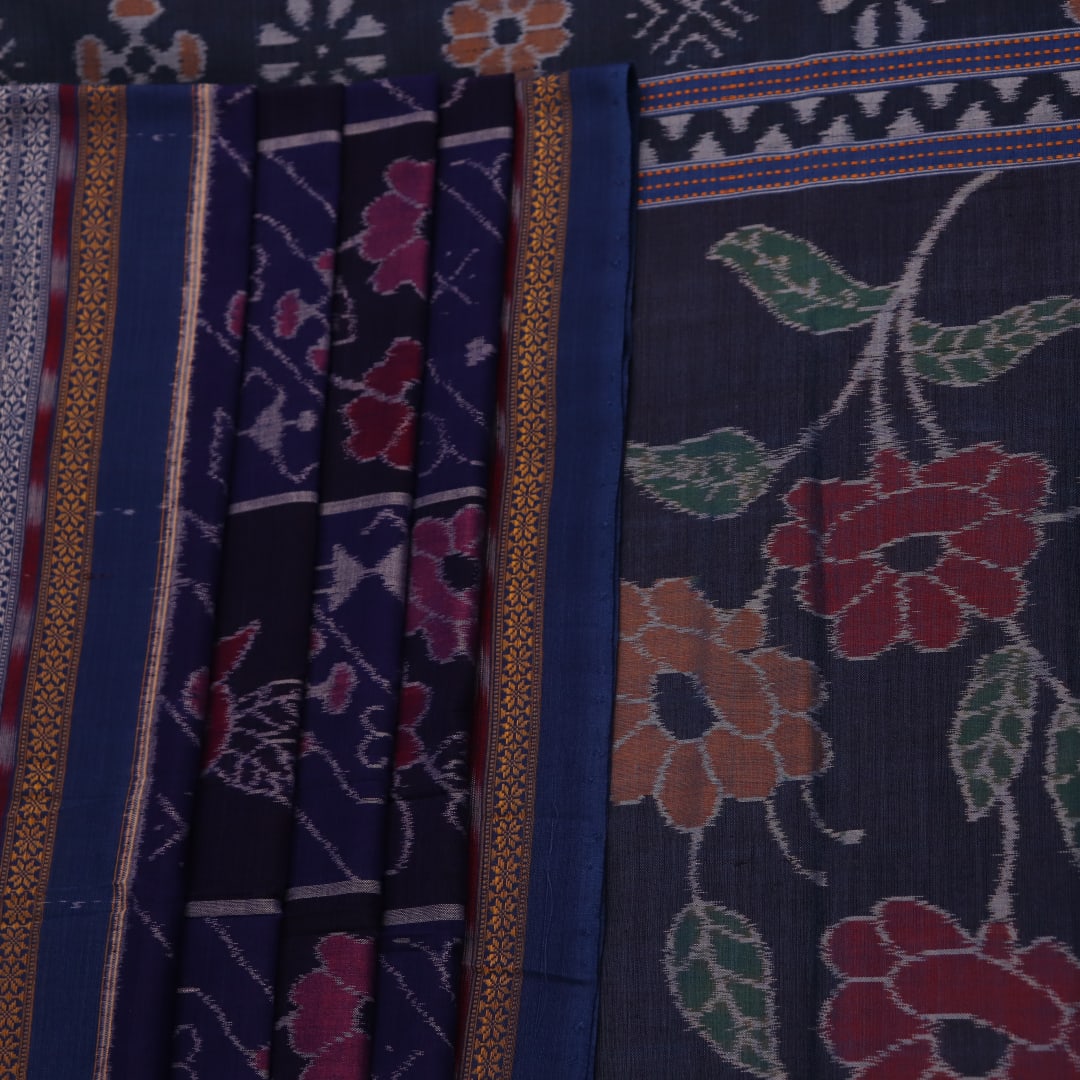 Full view of a blue Sambalpuri cotton saree with black motifs