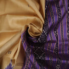 Model draped in a cream and blue Khandua silk saree with butta patterns, showcasing traditional styling.