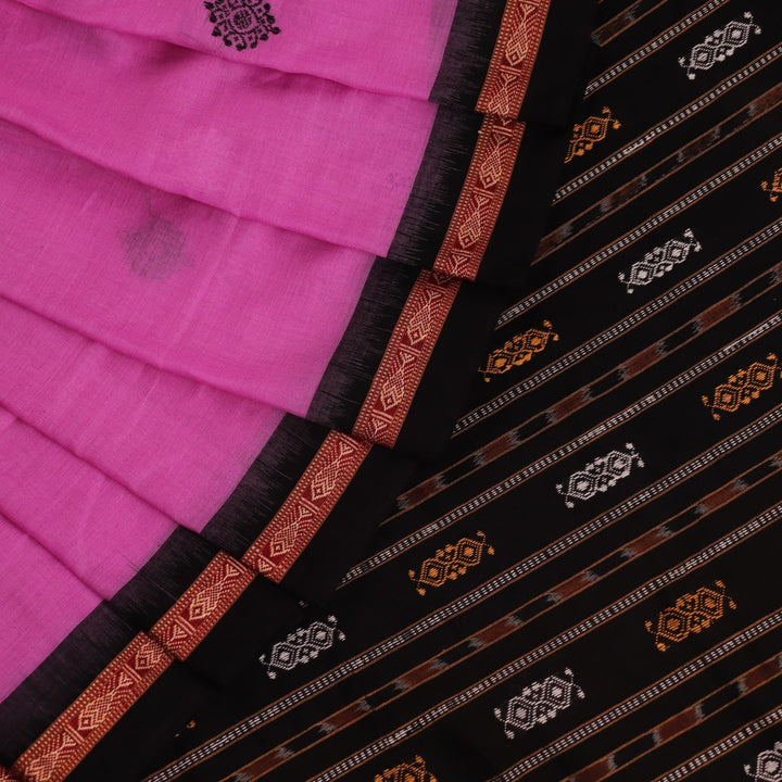 Full view of a pink and black Bomkai cotton saree with a butta pattern and intricate border.