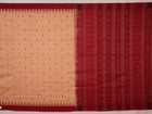 Full view of a cream and maroon Sambalpuri cotton saree with butta pattern.