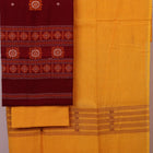 Maroon & yellow Bomkai cotton dress material: close-up of matching handloom blouse piece fabric.