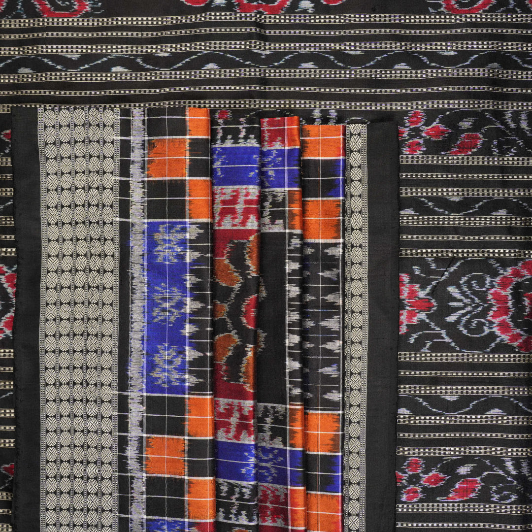 Close-up showing the rich, handloom silk texture and intricate multi-color Utkallaxmi weave with motifs.