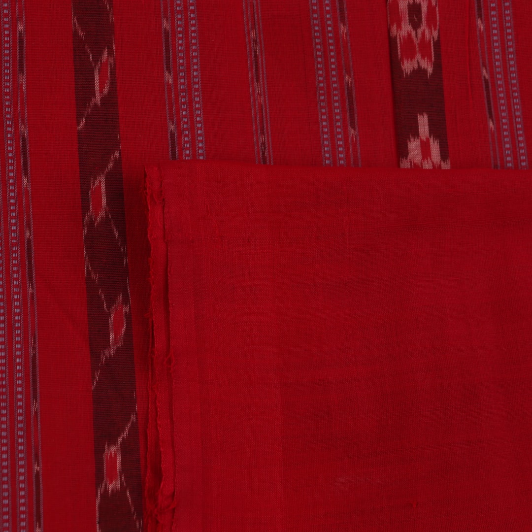 Handloom multi-color red plain Sambalpuri cotton saree, full product view.