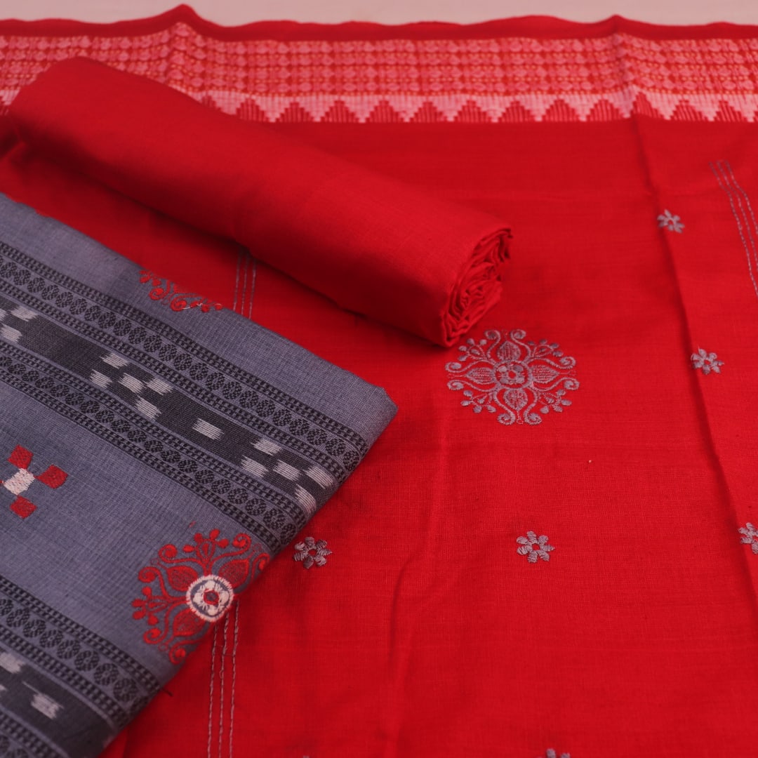 Sambalpuri cotton dress material blouse piece in grey and red with motifs.