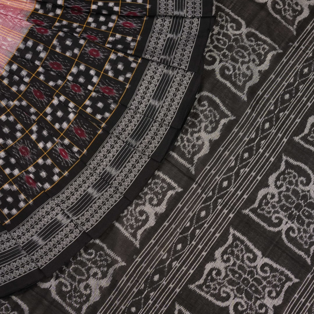 Model wearing a black Sambalpuri cotton saree with multi-color Pasapalli pattern in a full drape.