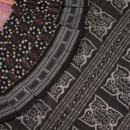 Model wearing a black Sambalpuri cotton saree with multi-color Pasapalli pattern in a full drape.