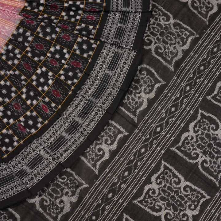 Model wearing a black Sambalpuri cotton saree with multi-color Pasapalli pattern in a full drape.