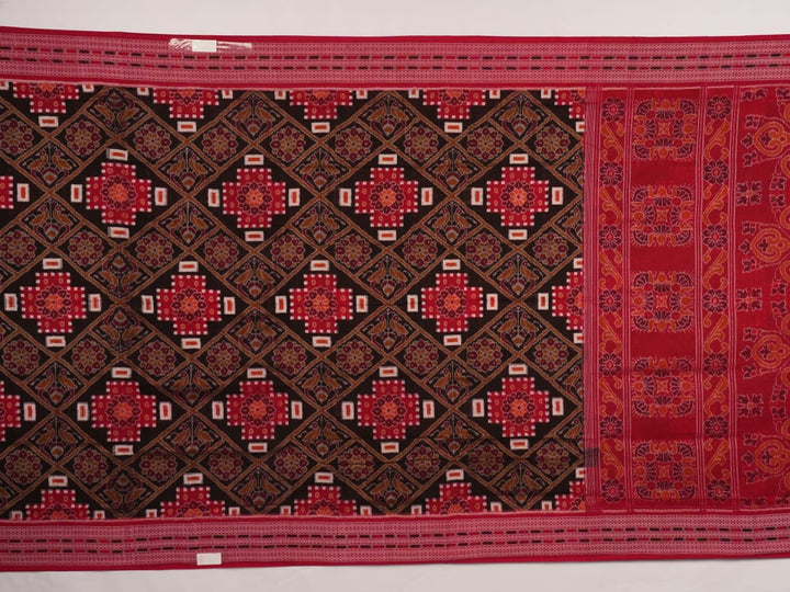 Full view of the red and multicolor Sambalpuri cotton saree displaying the entire Pasapalli layout