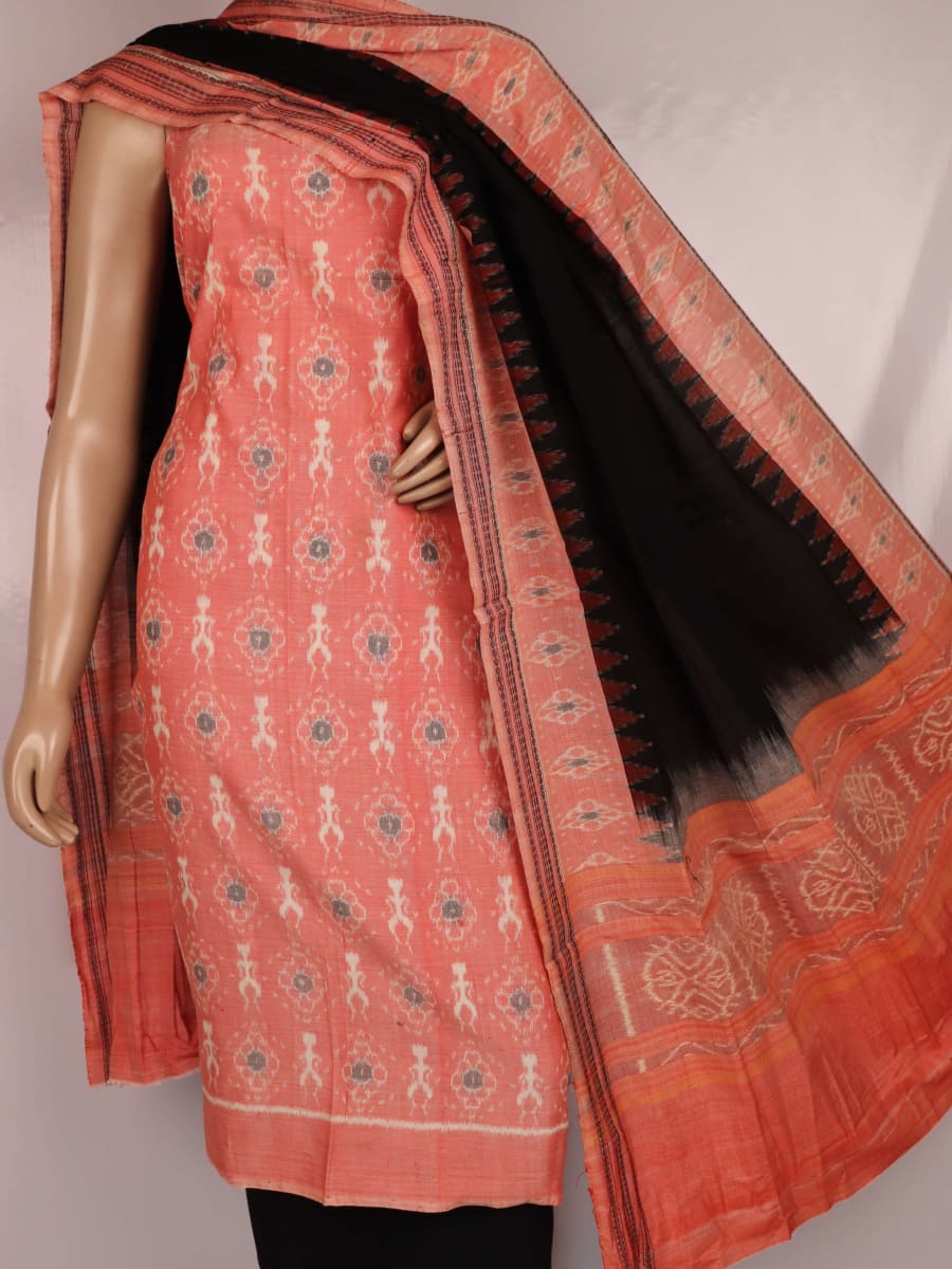 Close-up view of blouse piece design in peach cotton Sambalpuri dress material featuring traditional motifs