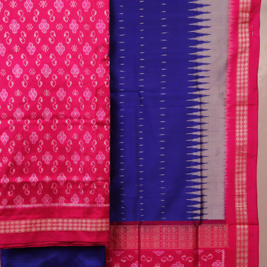 Pink & Blue Sambalpuri Silk handloom dress material blouse piece with motifs.