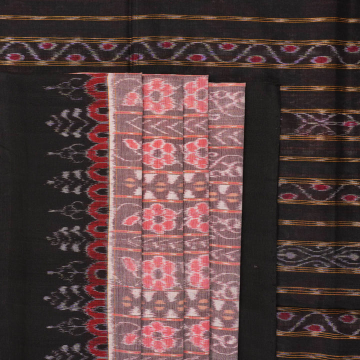 Full layout of the grey and black Sambalpuri cotton saree showcasing the complete weave and design.