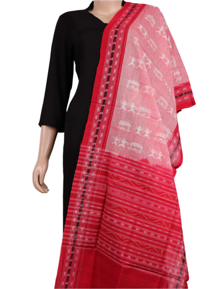 Off-white Sambalpuri cotton dupatta with intricate motifs, styled for a captivating look.