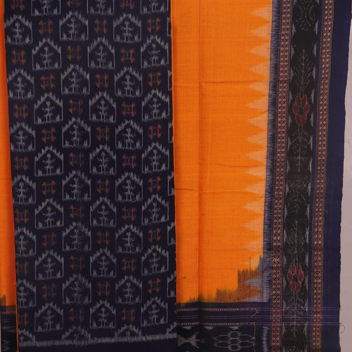 Blue and yellow Sambalpuri cotton dress material blouse piece with motifs.