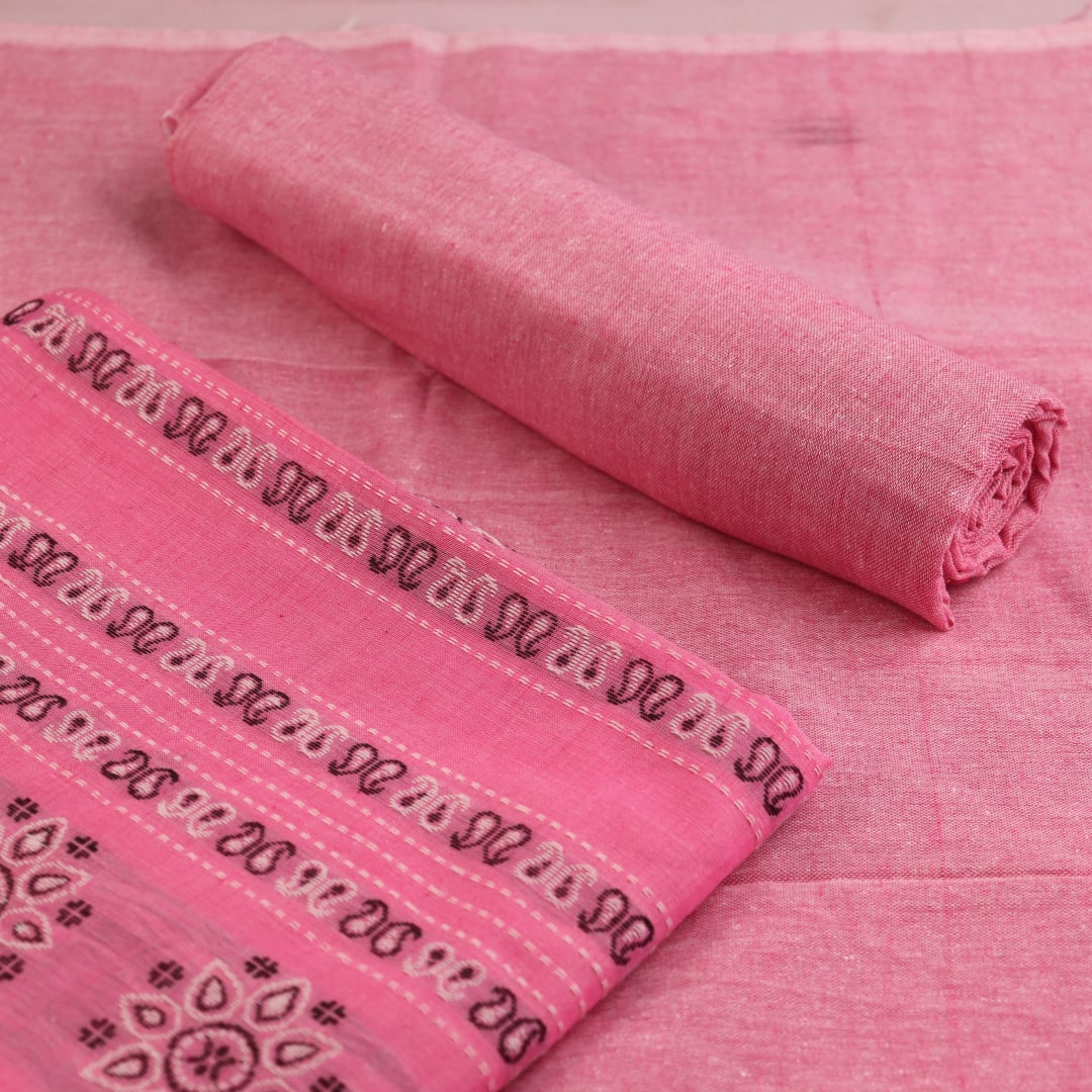 Handloom Bomkai cotton dress material blouse piece in peach and green with coordinating weave.