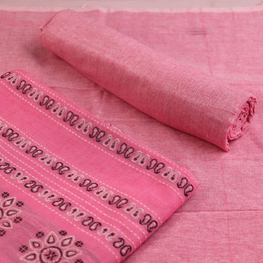 Handloom Bomkai cotton dress material blouse piece in peach and green with coordinating weave.