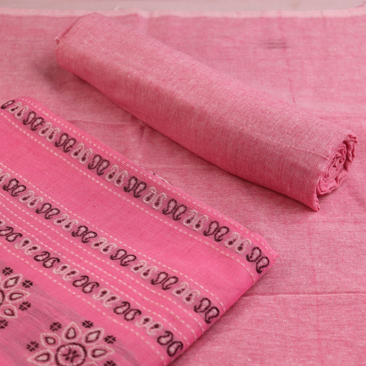 Handloom Bomkai cotton dress material blouse piece in peach and green with coordinating weave.