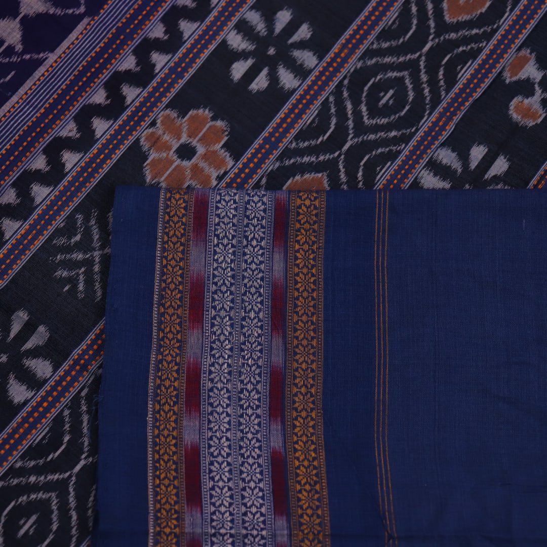 Full view of a blue Sambalpuri cotton saree with black motifs