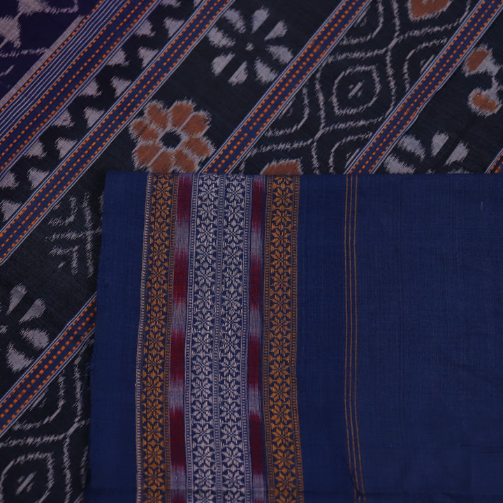 Full view of a blue Sambalpuri cotton saree with black motifs