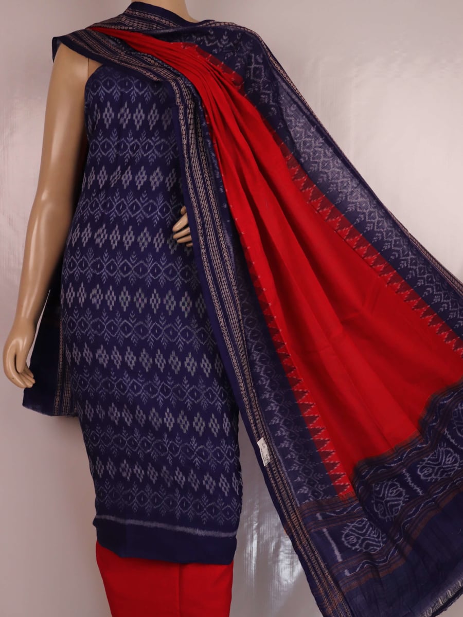 Close-up of Sambalpuri Cotton Dress Material in Blue with Red Motifs, displaying the blouse piece