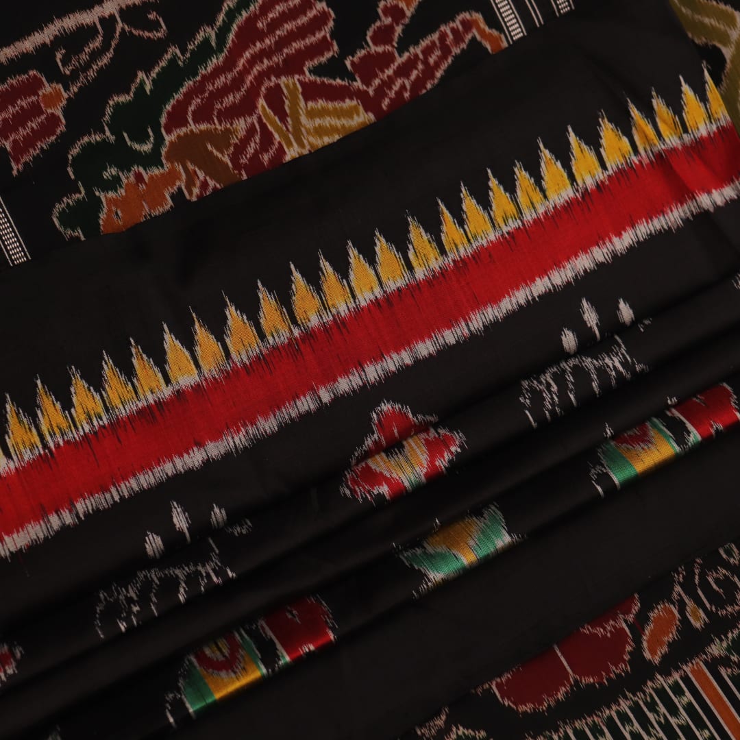 Full view of a black silk Khandua saree with intricate motifs