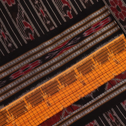 Model draped in a yellow and black cotton Sambalpuri saree with intricate motifs