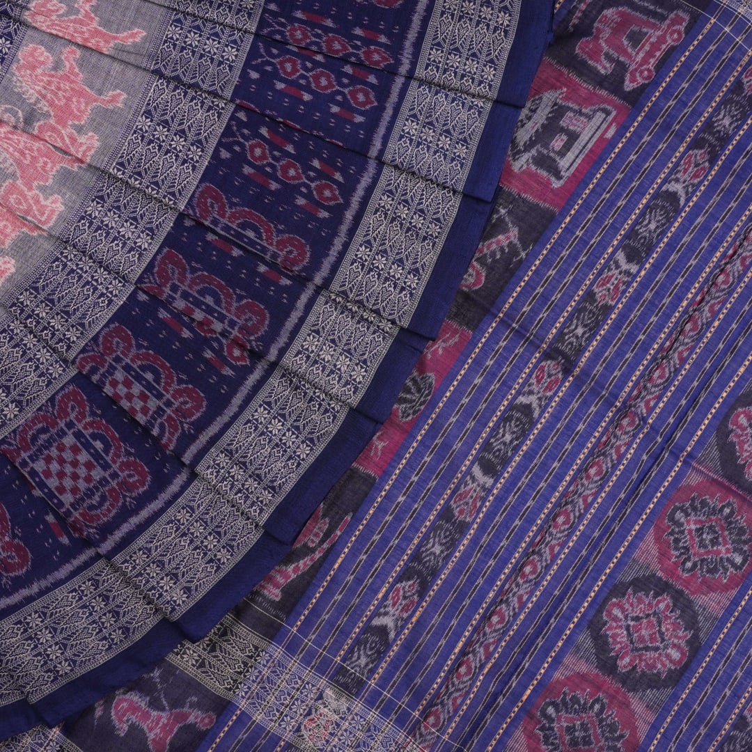 Full layout of blue and multi-color Sambalpuri cotton saree displaying motifs across the length.