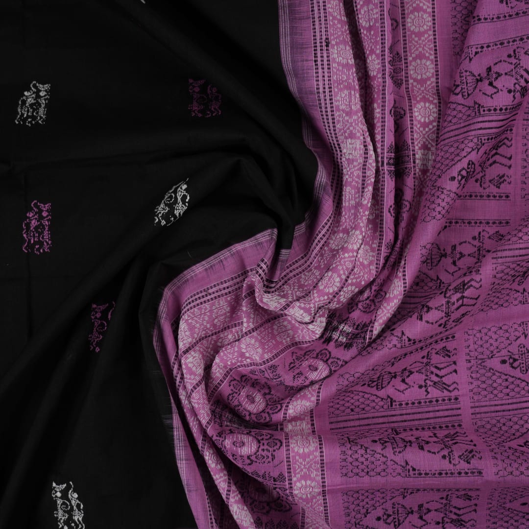 Full flat layout of the black and pink Bomkai cotton handloom saree showcasing the body and pallu.