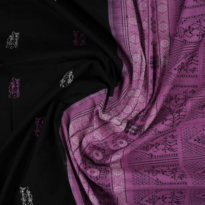 Full flat layout of the black and pink Bomkai cotton handloom saree showcasing the body and pallu.