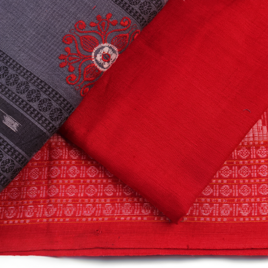 Sambalpuri cotton dress material blouse piece in grey and red with motifs.