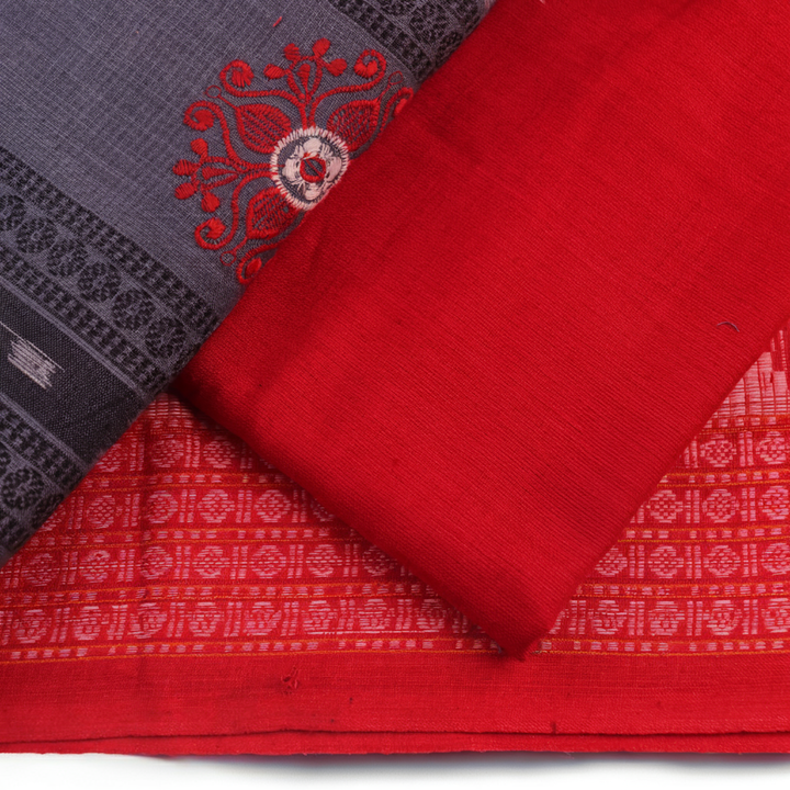 Sambalpuri cotton dress material blouse piece in grey and red with motifs.