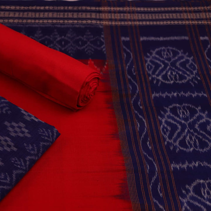 Close-up of Sambalpuri Cotton Dress Material in Blue with Red Motifs, displaying the blouse piece