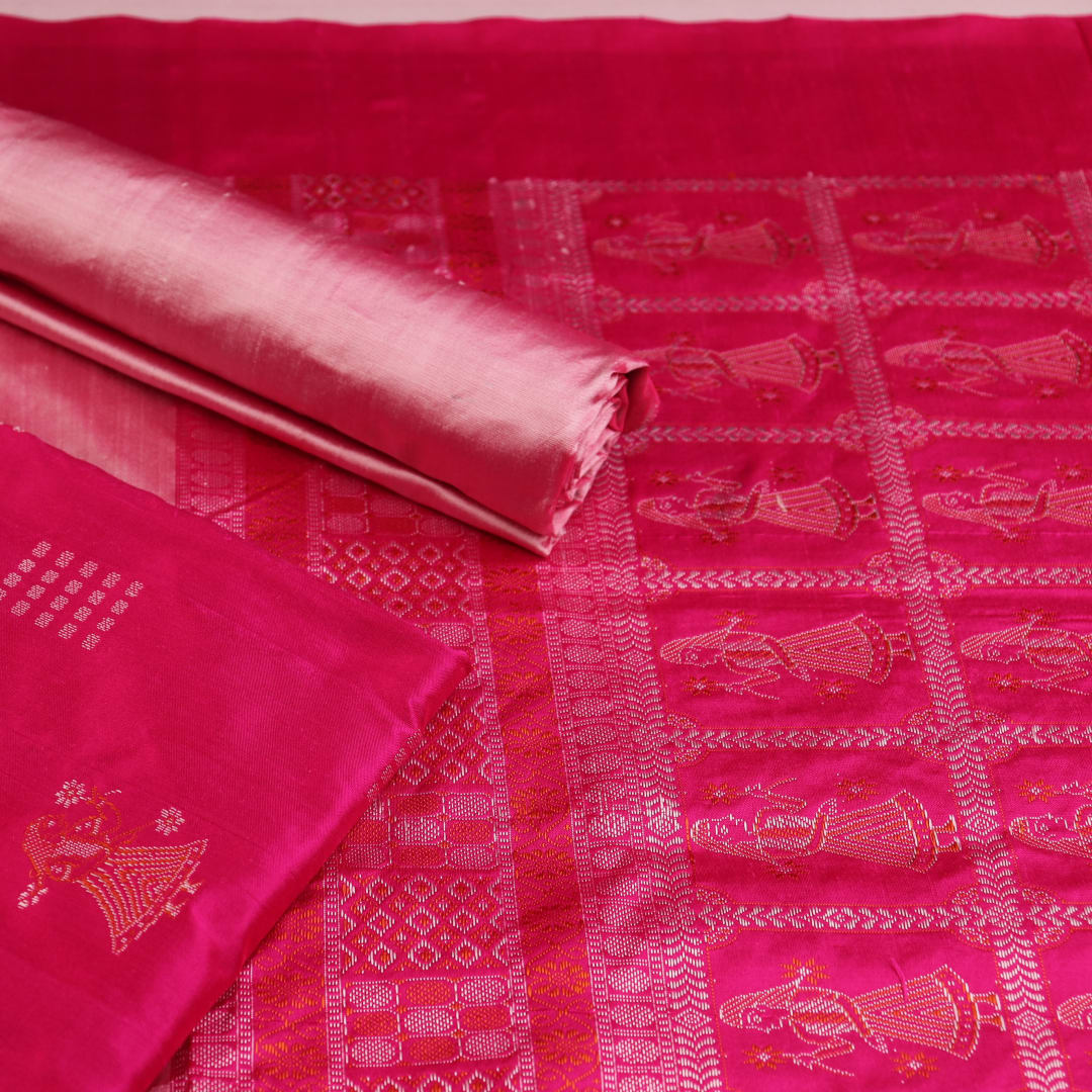 Close-up of Pink and Peach Bomkai Silk Dress Material's Butta pattern blouse piece.