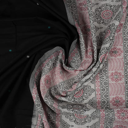 Full view of the black and green Bomkai cotton handloom saree showing the complete body, pallu, and border.