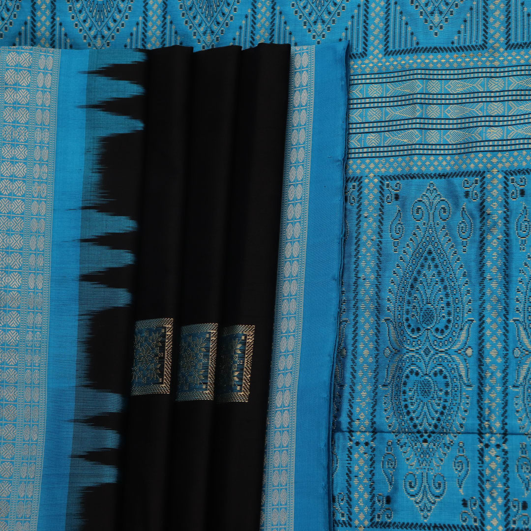 Close-up of Intricate Bomkai Silk Saree Fabric Texture in Black and Blue with Butta Pattern