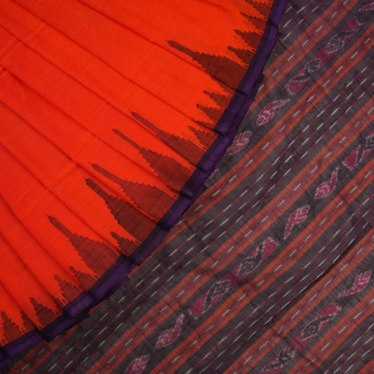 Handloom Orange Sambalpuri Cotton Saree with Blue border