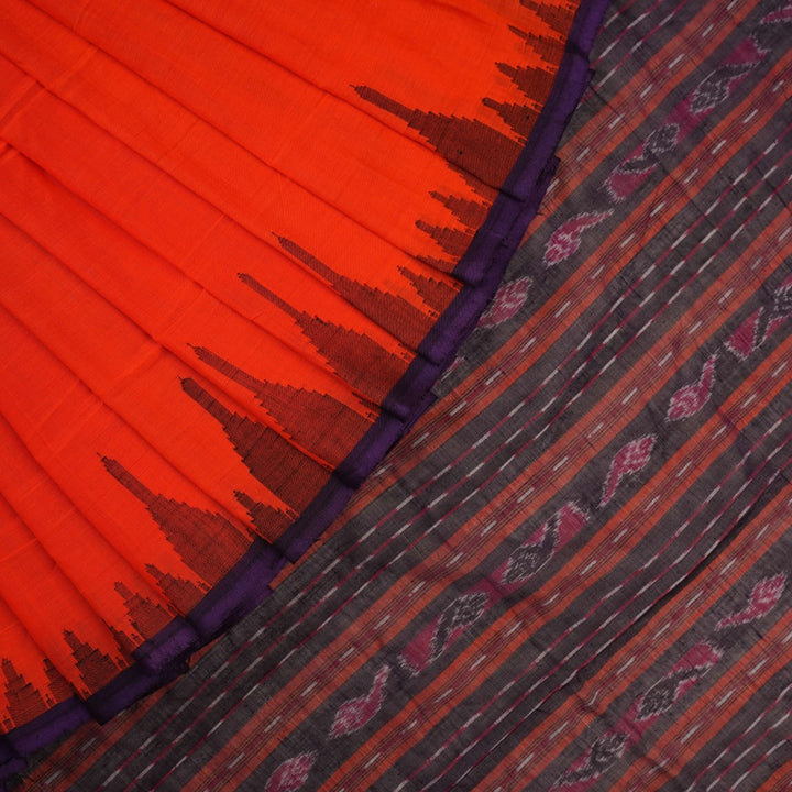 Full layout of the orange Sambalpuri cotton saree with blue border and pallu, highlighting the design.