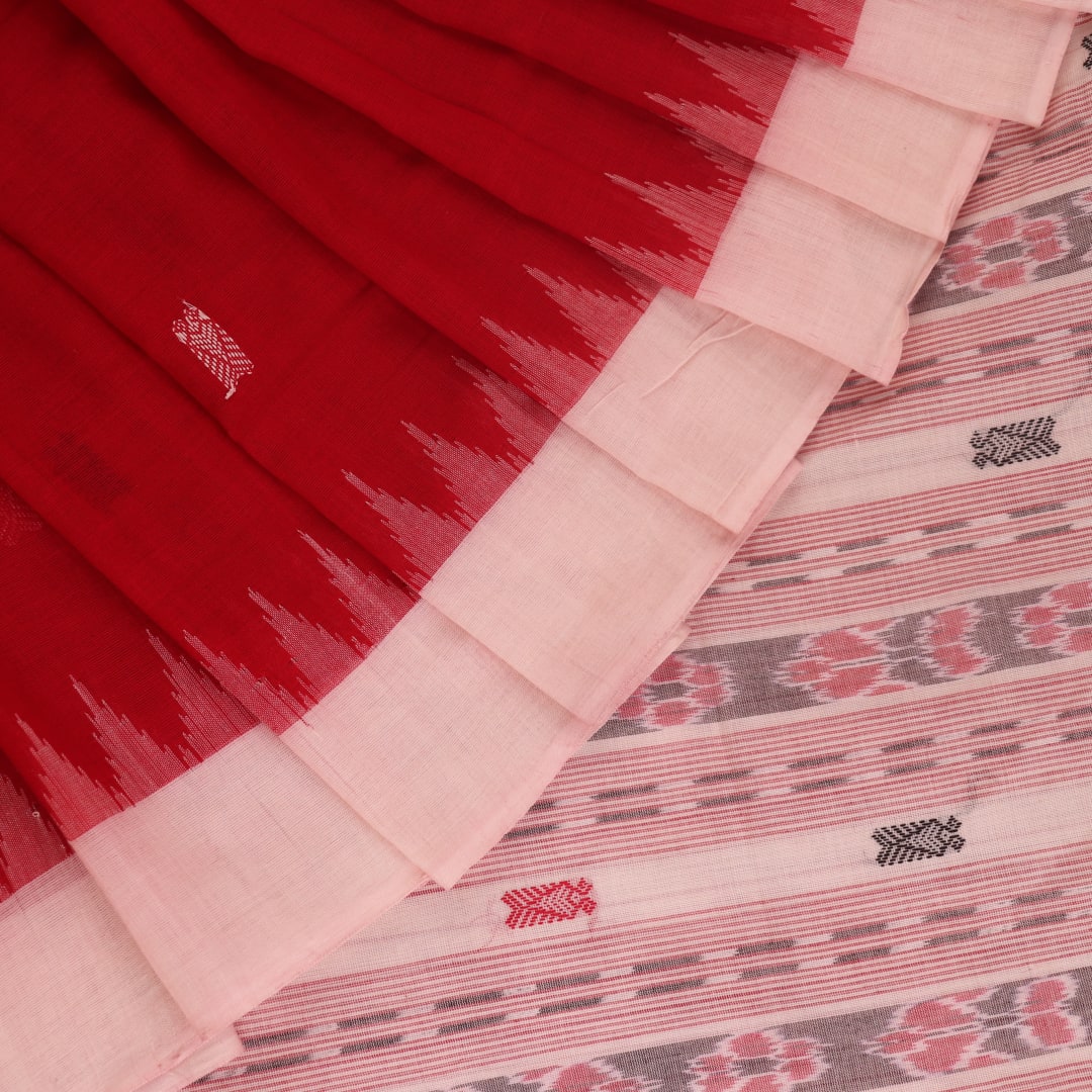Handloom Red Sambalpuri Cotton Saree with White border