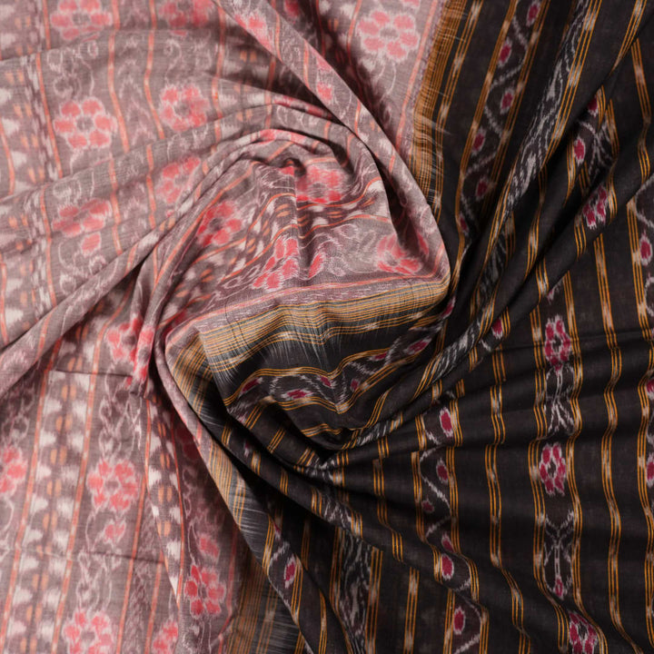 Full layout of the grey and black Sambalpuri cotton saree showcasing the complete weave and design.