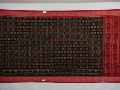 Full layout of the black and red Sambalpuri cotton saree displaying the complete pattern and border design.