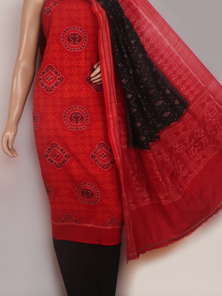 Blouse piece of red and black Sambalpuri cotton dress material with motifs.