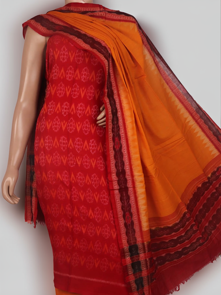 Detail of red and yellow Sambalpuri cotton dress material blouse piece, featuring motifs.