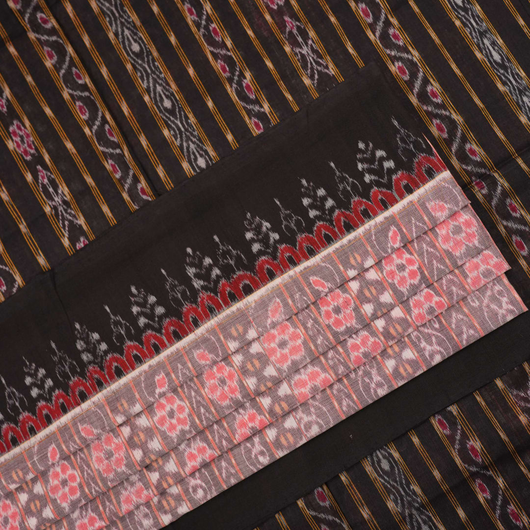 Full layout of the grey and black Sambalpuri cotton saree showcasing the complete weave and design.