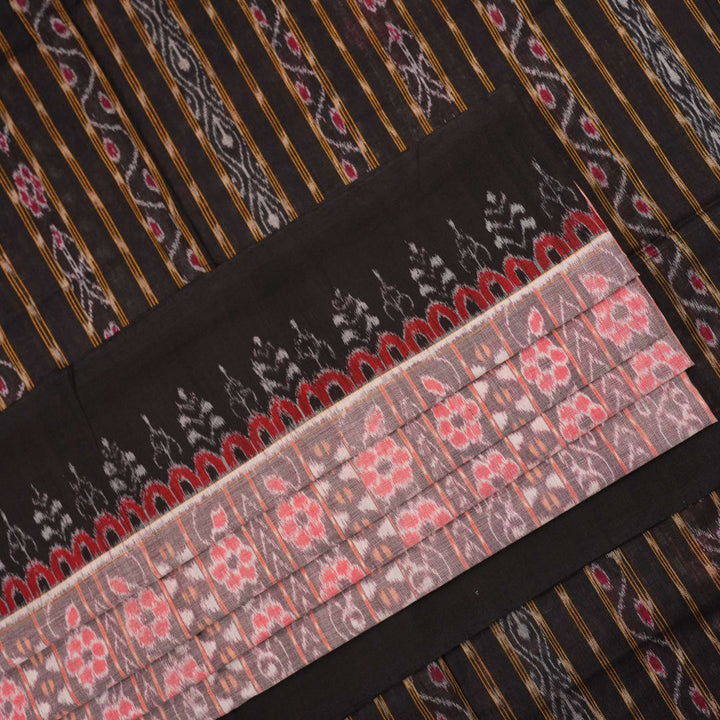 Full layout of the grey and black Sambalpuri cotton saree showcasing the complete weave and design.