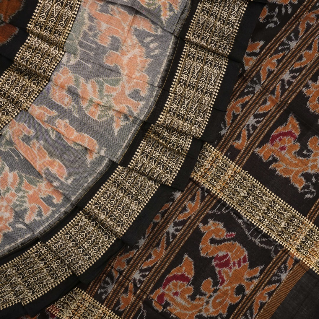 Handloom Green Sambalpuri Cotton Saree with Black border