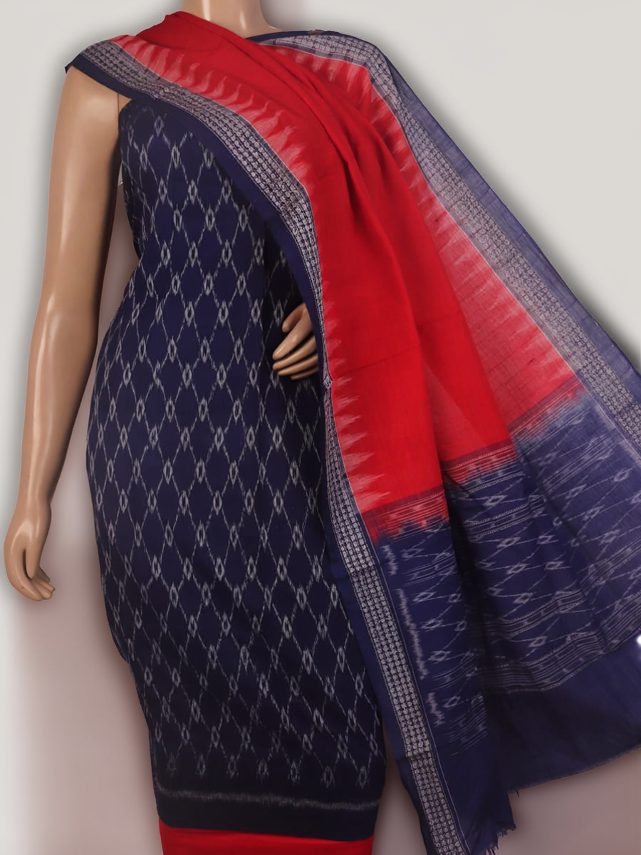 Detail of blue and red Sambalpuri cotton dress material blouse piece with motifs.